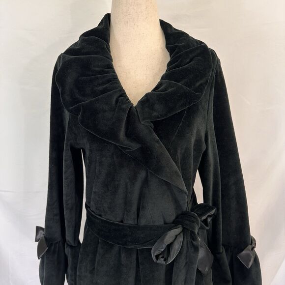 BETSEY JOHNSON Black Velour Robe SMALL Pockets Ribbon Bows Lace Ruffle - Picture 4 of 9